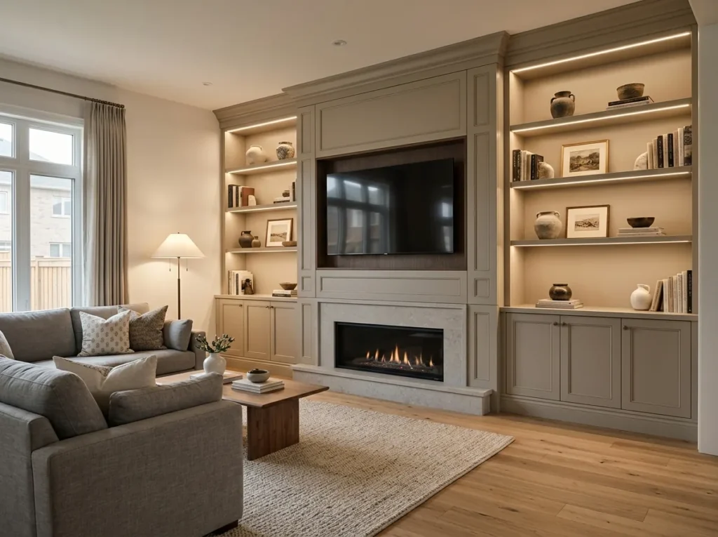 Design concept of a custom millwork wall with a linear gas fireplace, panelled cabinetry and lit shelving in a Vaughan home